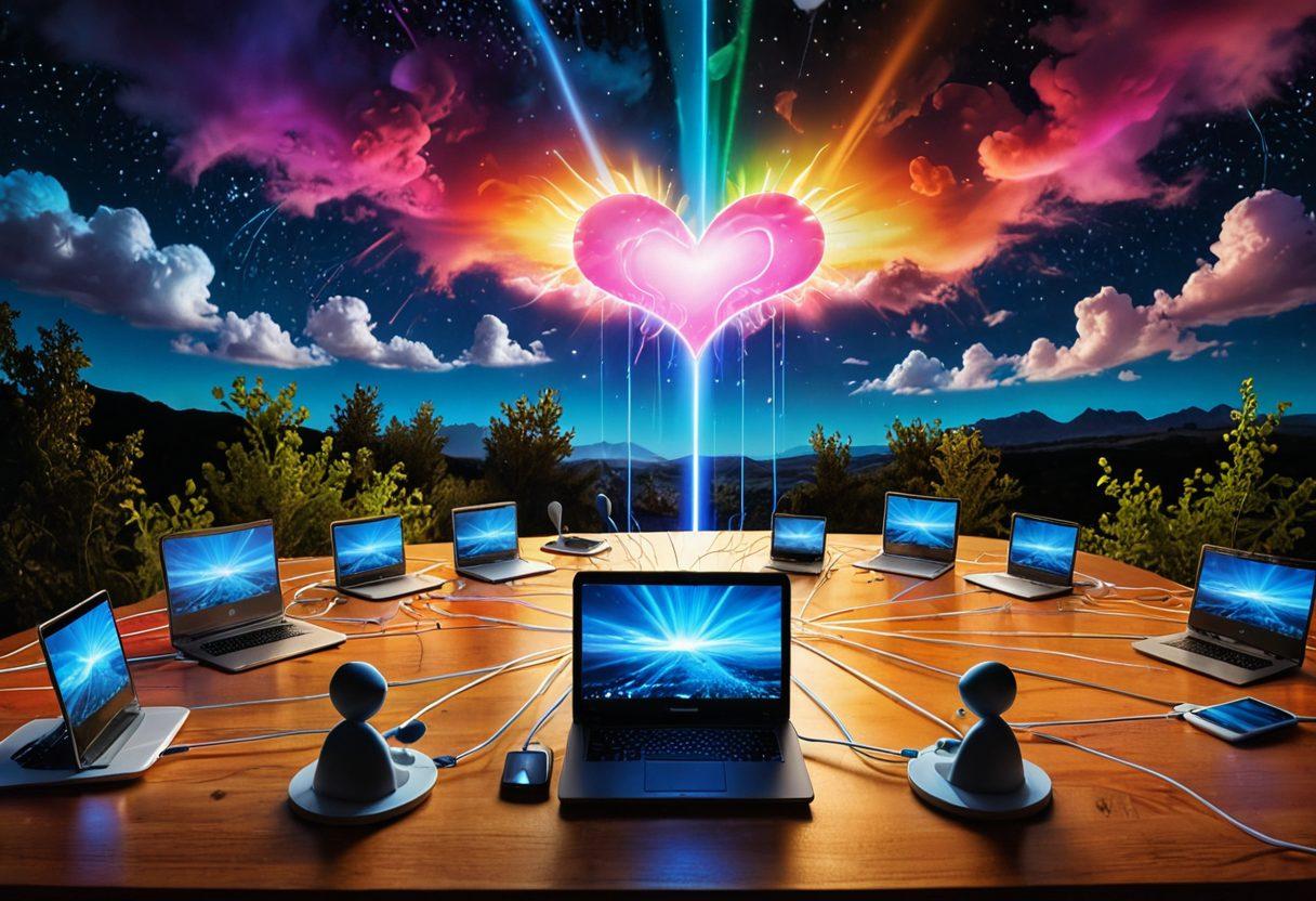 A vibrant, surreal landscape depicting a whimsical router with a glowing heart, radiating colorful beams of light that connect various secure devices like laptops and smartphones adorned with smiling faces. In the background, a person joyfully managing connections while a metaphorical cloud of sadness transforms into bright connections around them. The scene is infused with a sense of empowerment and security, showcasing a harmonious network. super-realistic. vibrant colors. dreamlike atmosphere.