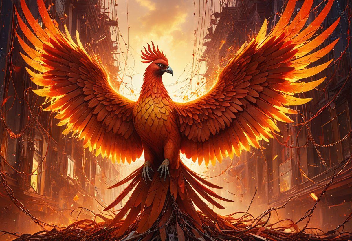 An abstract representation of a phoenix rising from broken chains, symbolizing transformation and strength. Incorporate elements of wireless connectivity like routers, waves, and coding symbols subtly integrated into the background. Use a vibrant color palette to evoke emotions of hope and resilience. Blend technology with nature, showcasing the fusion of innovation and recovery. super-realistic. vibrant colors. digital art.