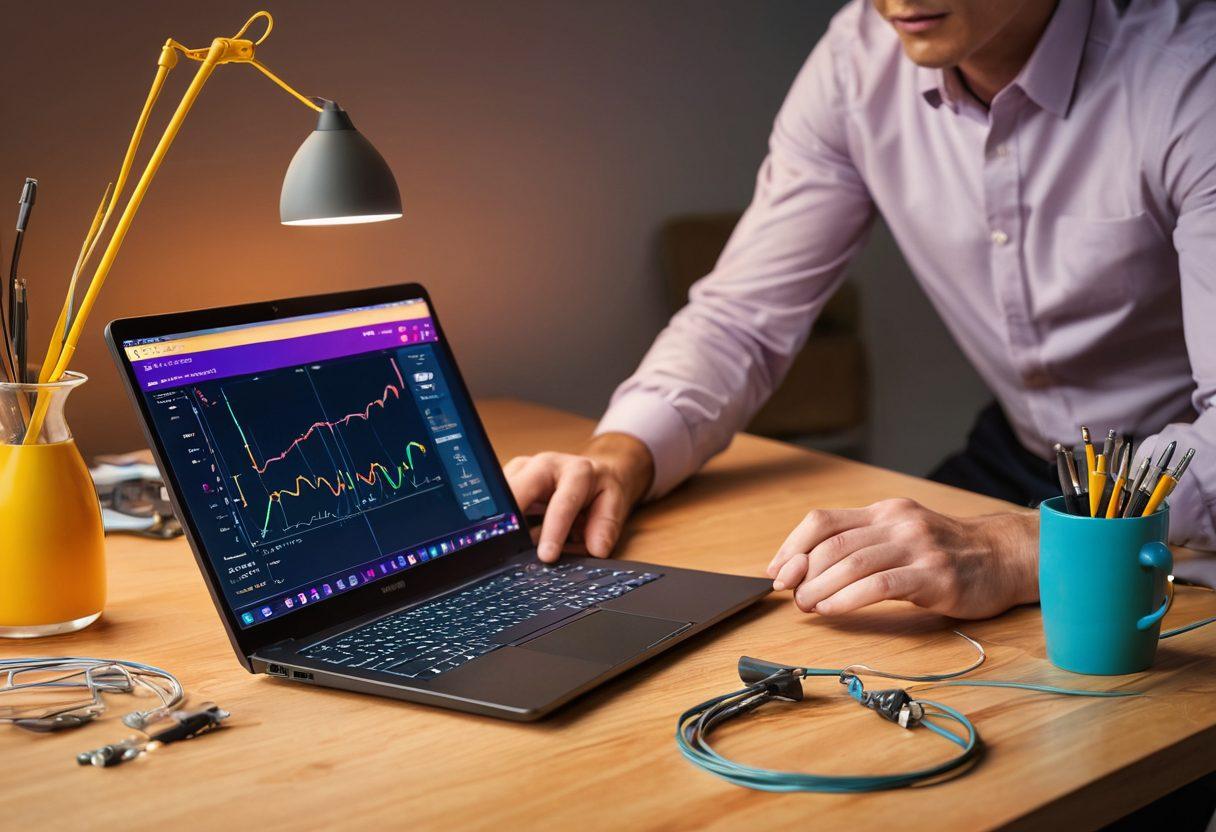 A person sitting at a desk, looking relieved and confident as they customize a router with DD-WRT, showcasing a laptop screen with vibrant network graphs and settings. In the background, contrasting shades illustrating sadness fading into bright colors symbolizing solutions. Tools for technology like a screwdriver and cables scattered around, reflecting a hands-on approach. The atmosphere is empowering and tech-savvy, embodying transformation. super-realistic. vibrant colors. dynamic composition.